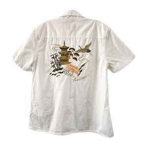 🔥Rare AVIREX Japanese Souvenir Camp Shirt Mens White Pagoda Crane Button Down M